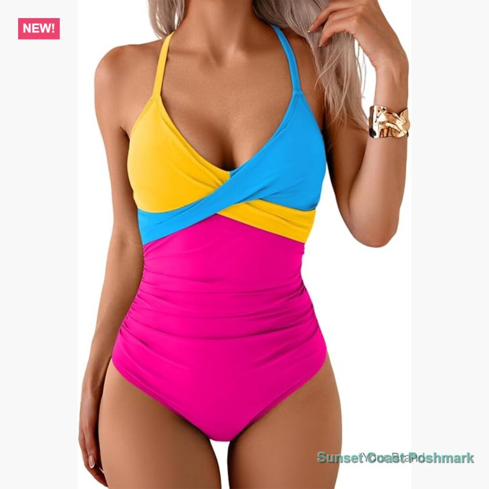 Tummy Control One Piece Swimsuit V Neck Tie Back Slimming